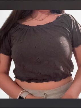 American Eagle Outfitters Charcoal Eyelet Crop Top